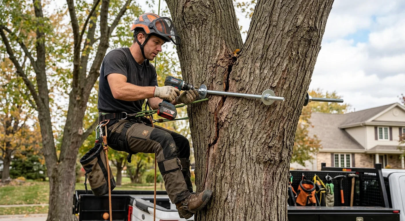 Through-bolt bracing set across a cracked trunk union on a maple