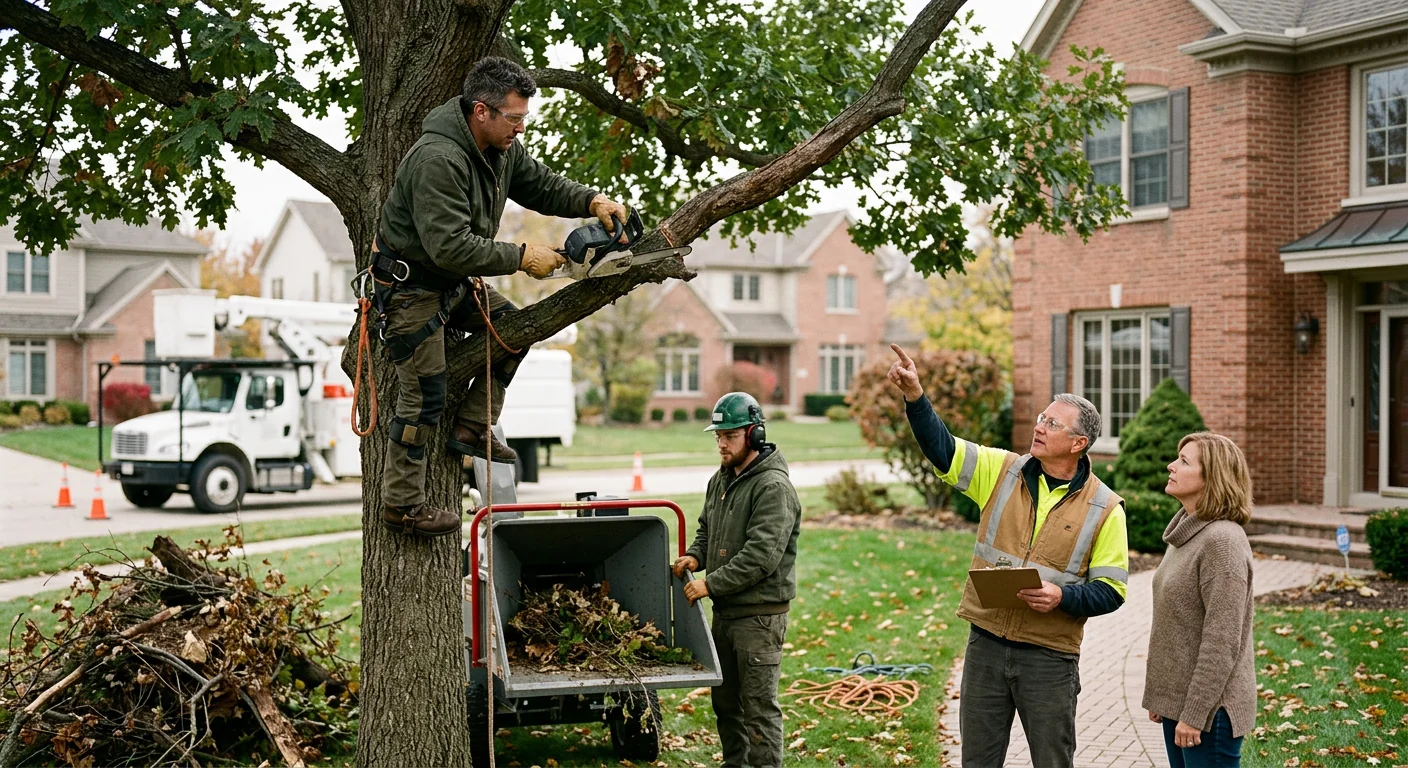 Arborist installing steel support cable in mature tree canopy