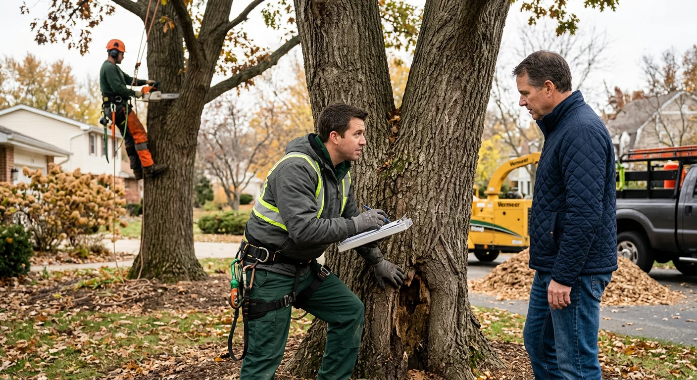Arborist inspecting a mature tree canopy during a health assessment in Batavia