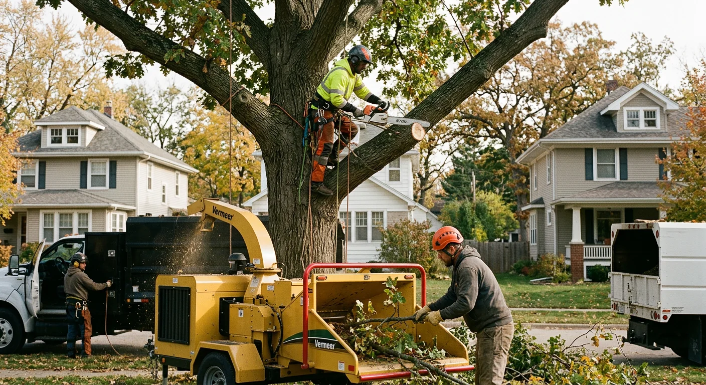 Arborist inspecting a mature tree canopy for decay on a Batavia residential property