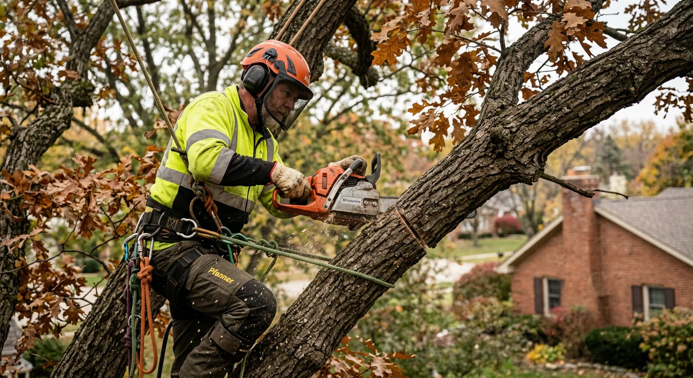 Close-up of selective pruning cut on a mature oak branch in Batavia