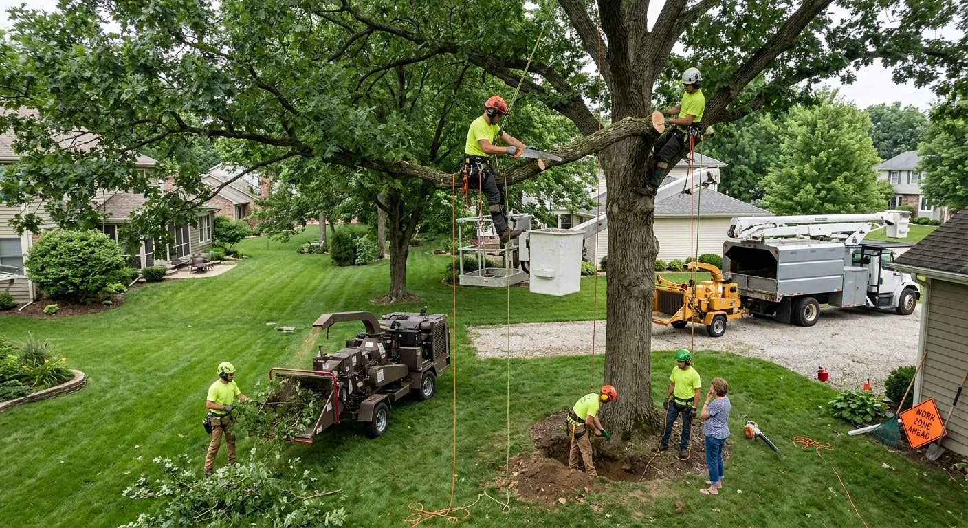 Wide view of a maintained residential tree canopy over a Batavia backyard