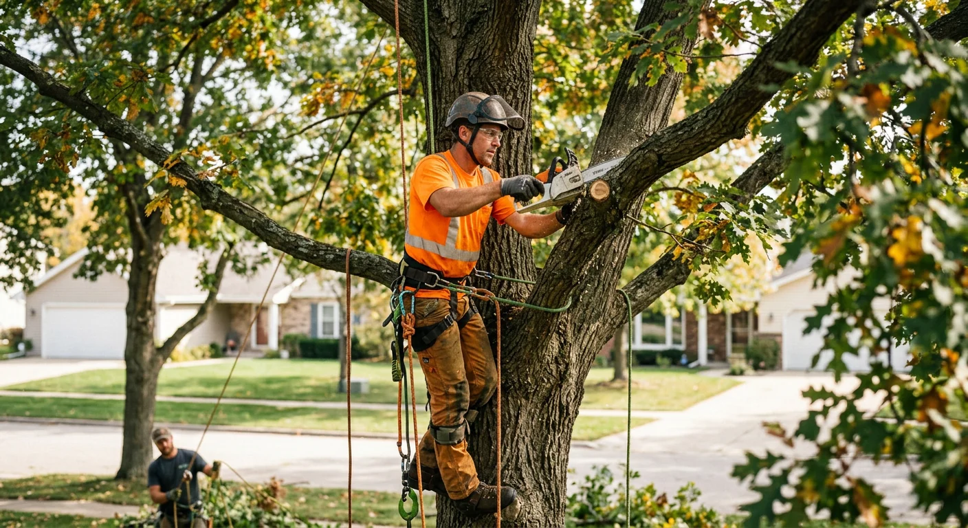 Arborist performing crown thinning from a climbing rope on a large tree