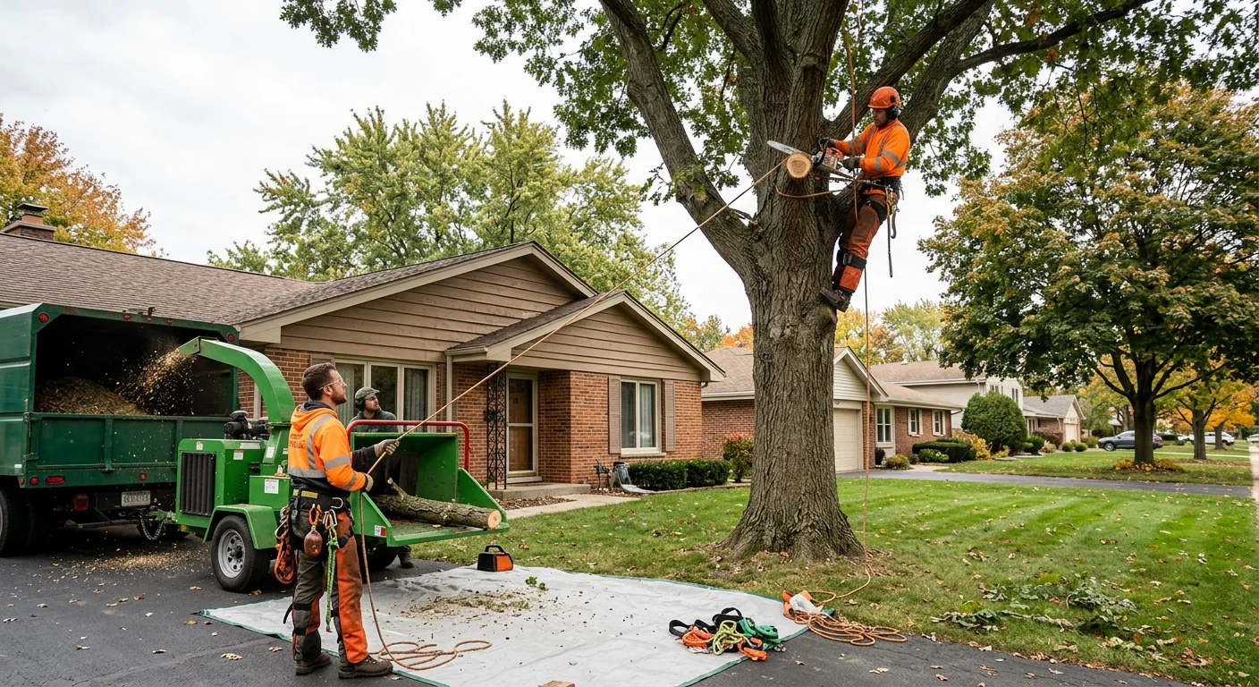 Arborist inspecting tree canopy health in Batavia yard