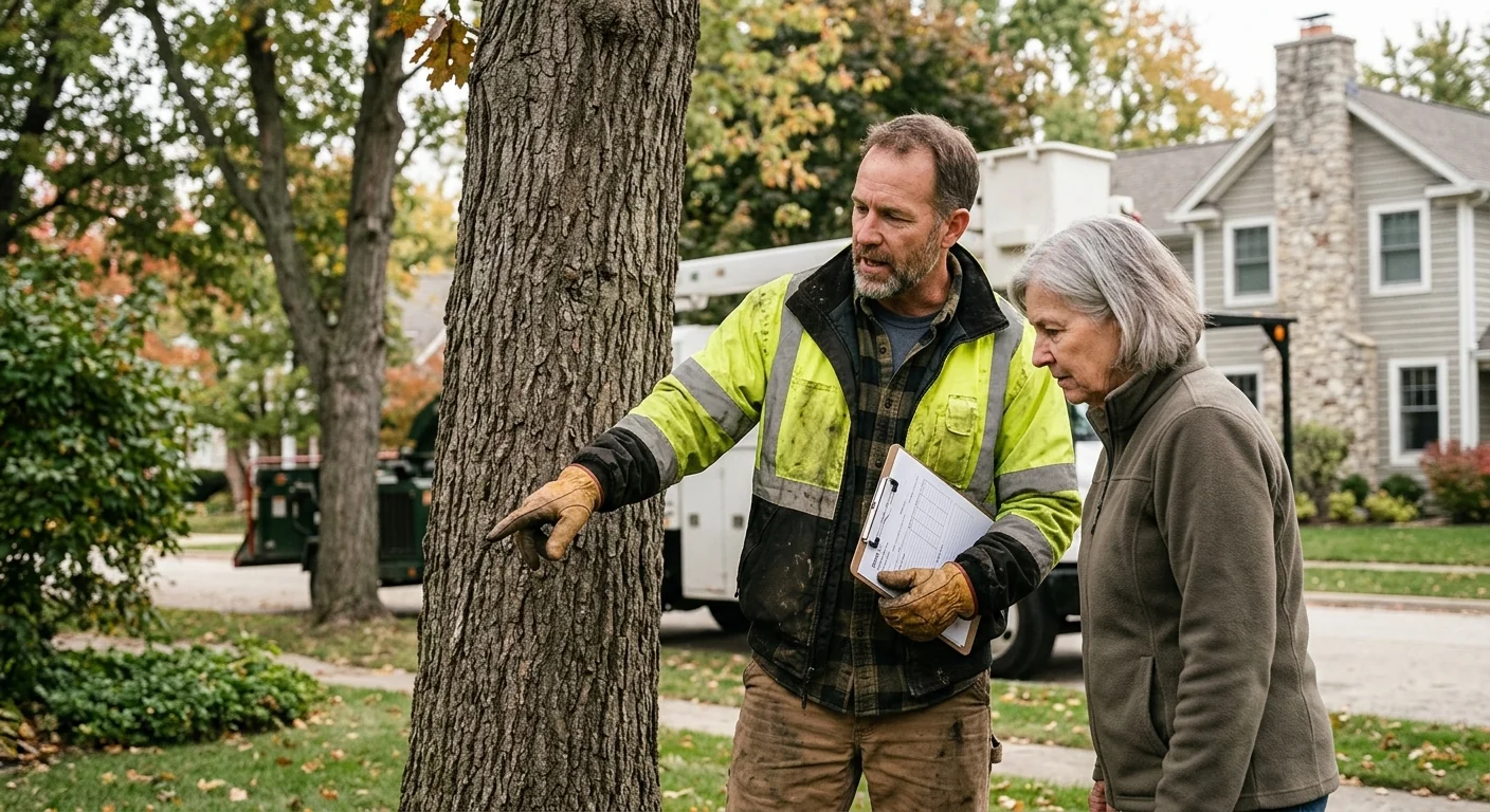 Arborist evaluating soil and planting site for new trees at a Batavia property