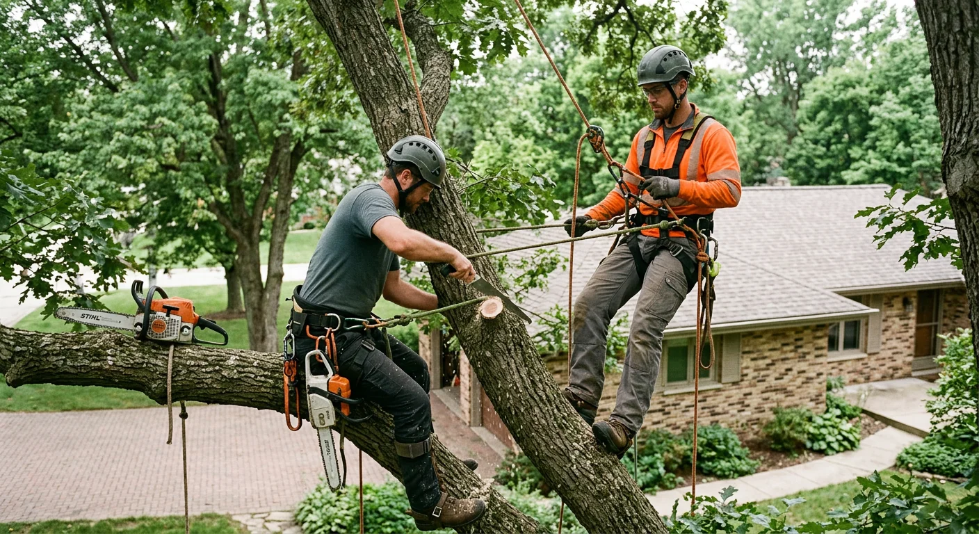 Arborist positioning a young tree during a planting project in Batavia