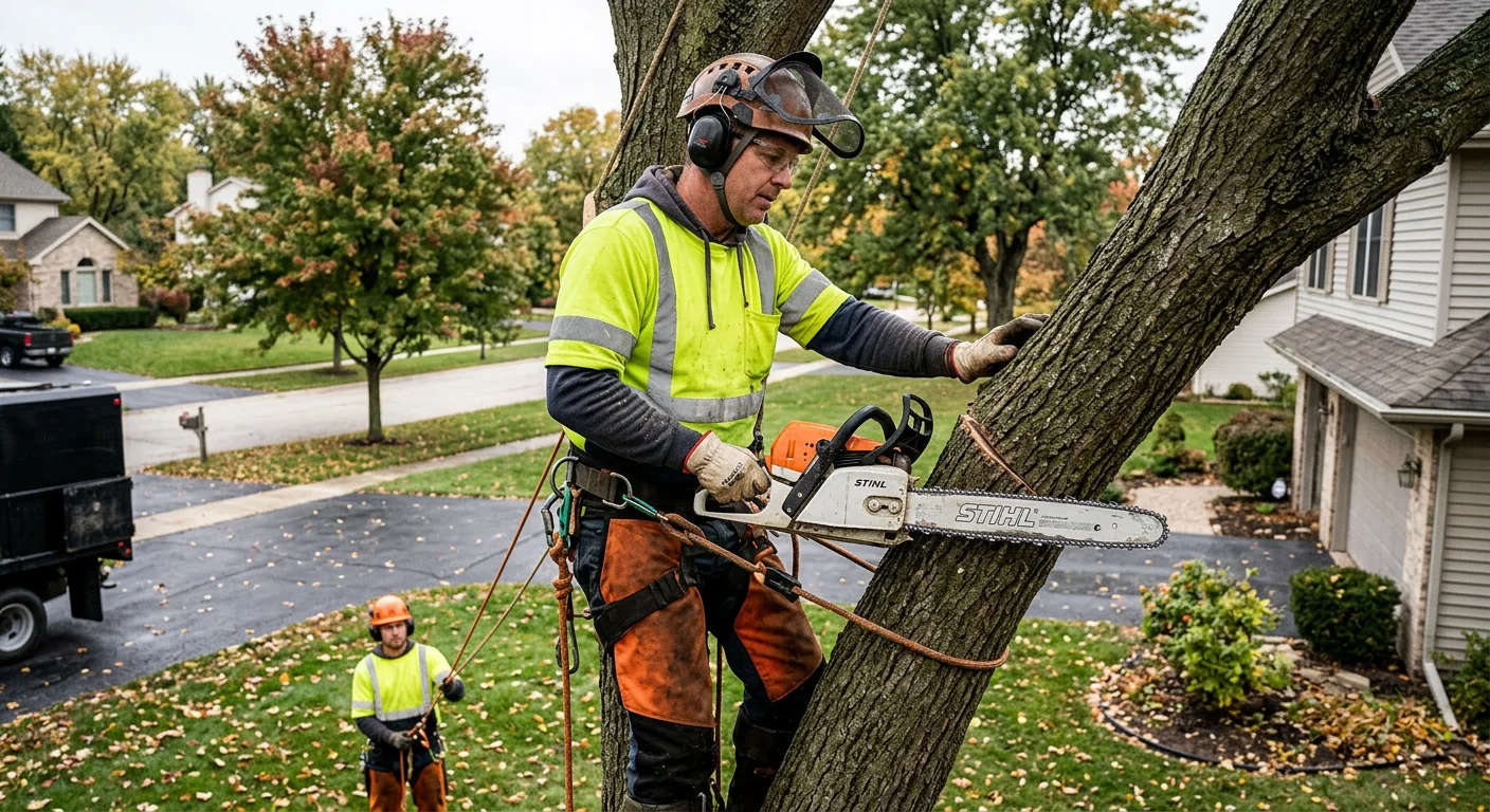 Arborist positioning a young shade tree into a prepared planting hole on a Batavia lawn
