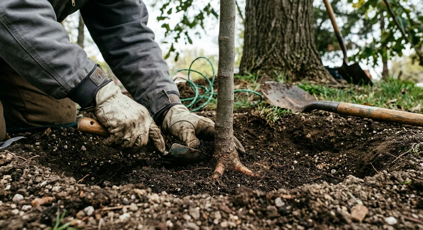 Close-up of root collar set at correct grade in a freshly prepared planting pit