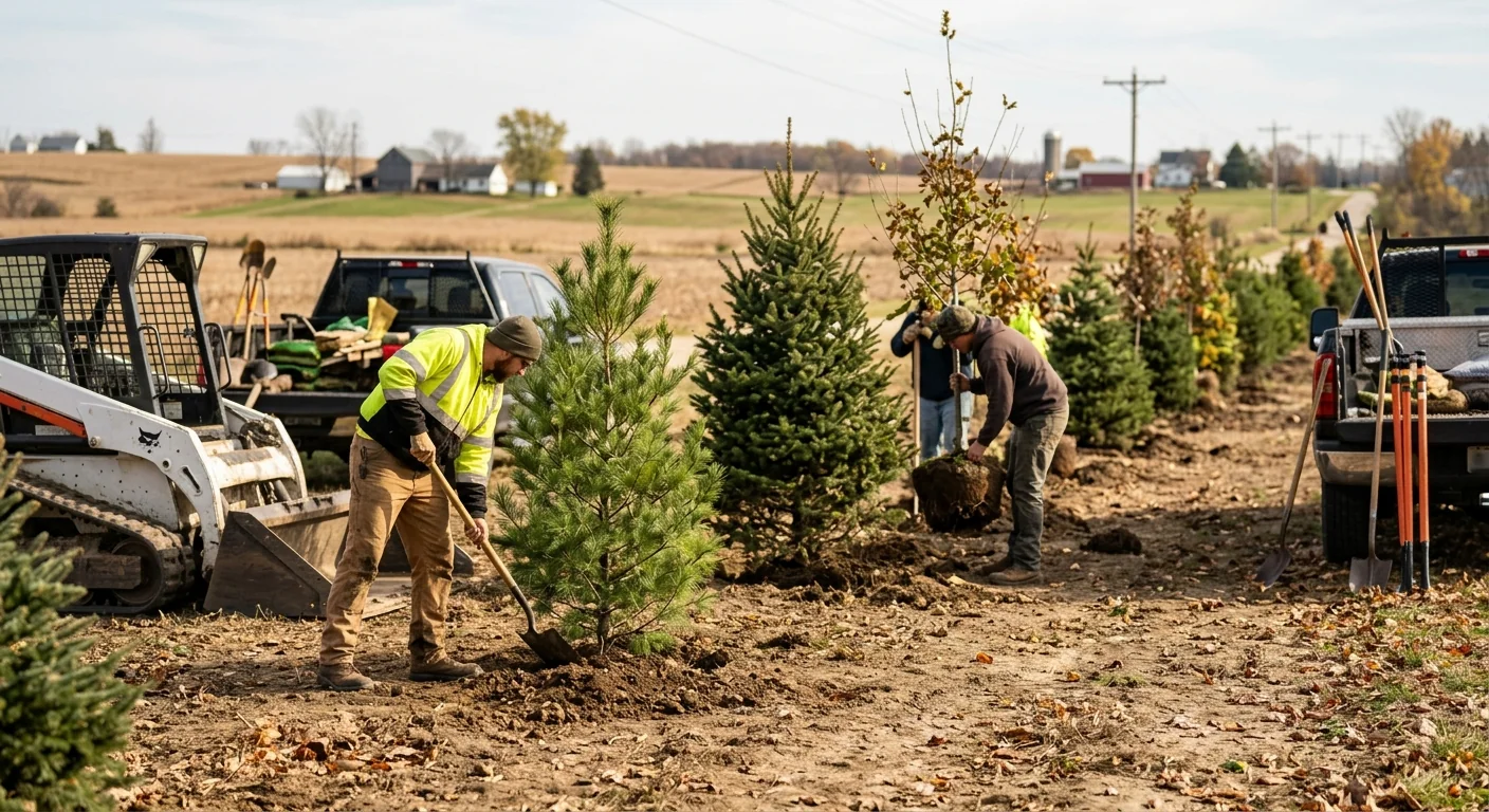 Wide shot of multi-tree windbreak installation across an open Batavia property line