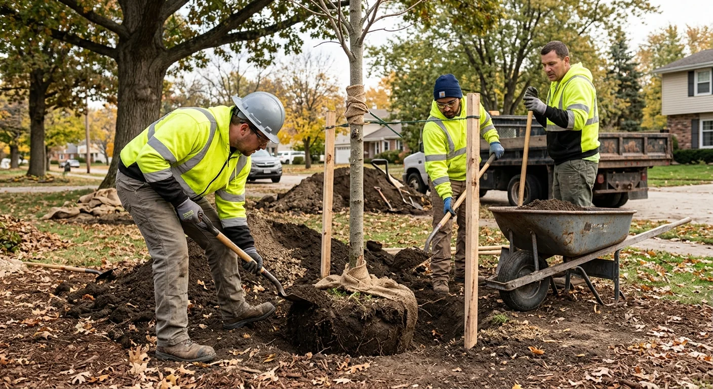 Crew backfilling a planting pit while eliminating air pockets around a young tree