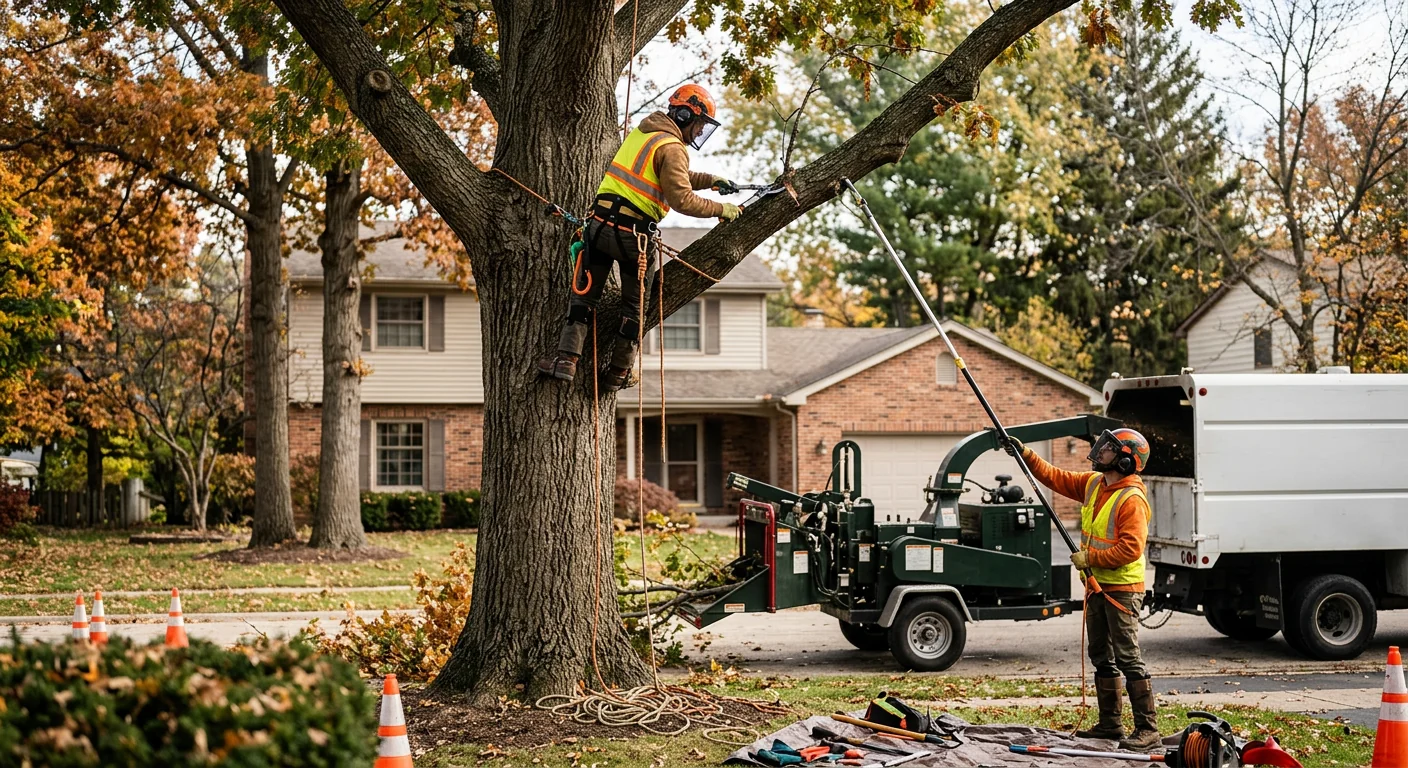 Arborist pruning a mature tree canopy on a Batavia residential property