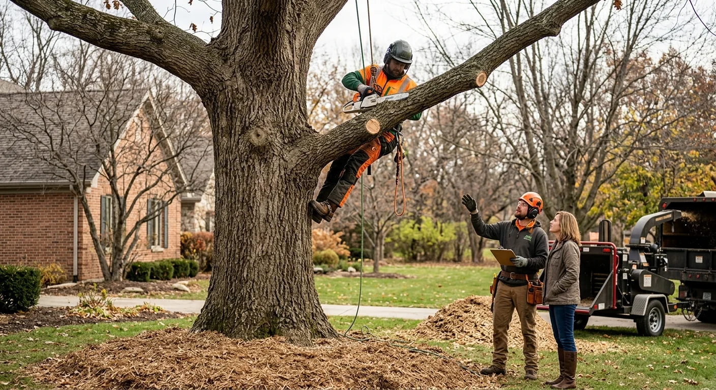 Arborist making a precise pruning cut on a mature tree in Batavia
