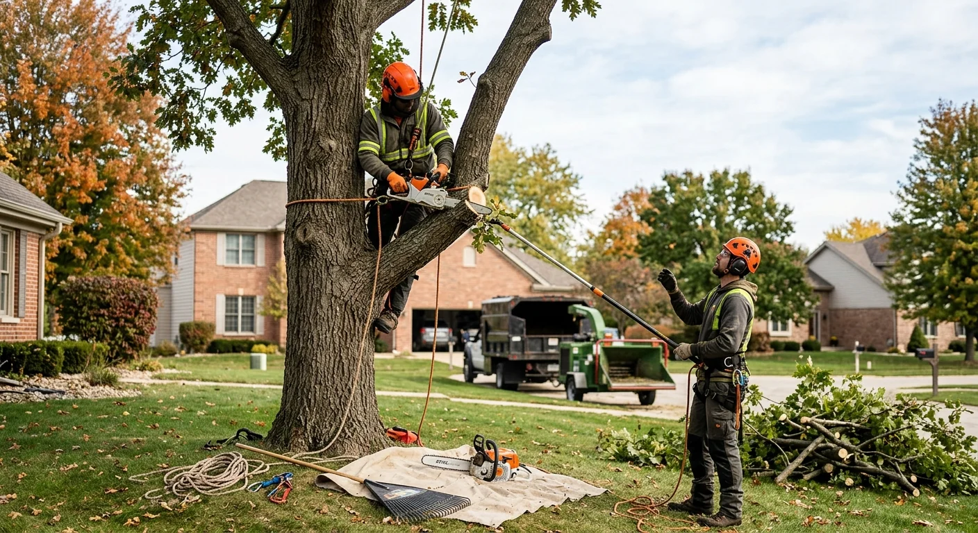 Overgrown tree with crossing limbs and deadwood needing pruning on a Batavia property