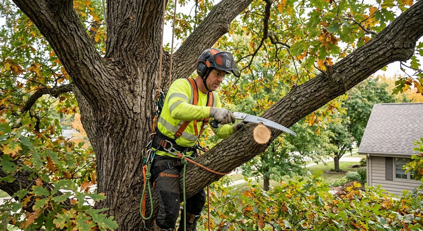 Arborist making a precise collar cut on a mature oak canopy in Batavia