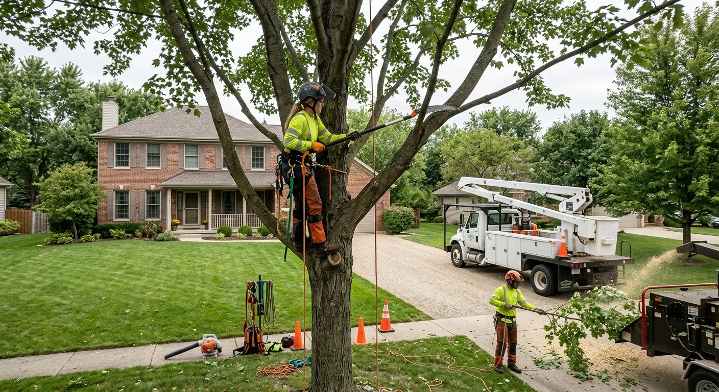 Wide shot of a thinned maple canopy over a residential Batavia yard