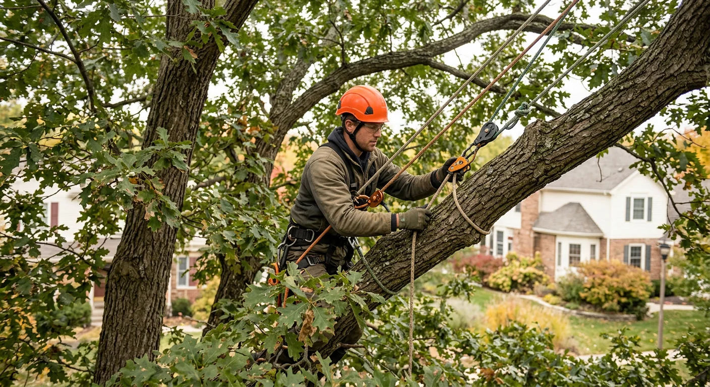 Climber positioned with rigging lines high in a hardwood canopy