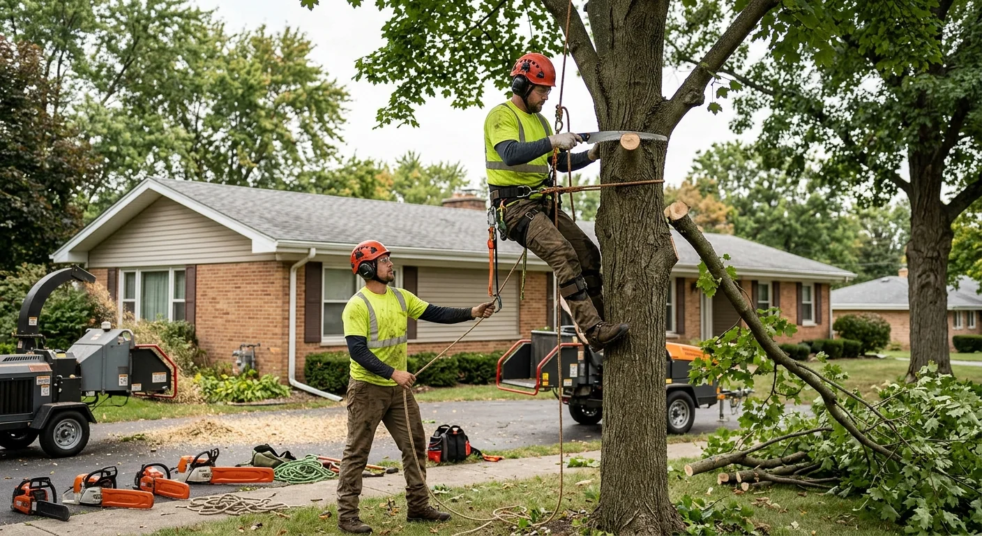 Arborist making a precise pruning cut on a mature tree