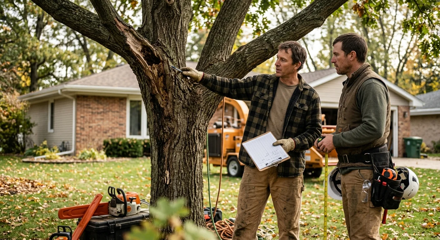 Arborist assessing a large hardwood before sectional tree removal on a Batavia property