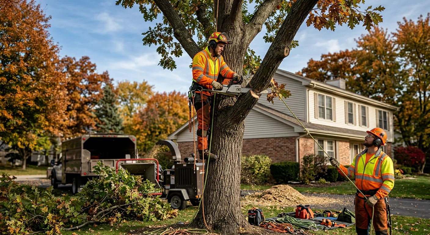 Certified crew preparing controlled tree removal on a Batavia residential property