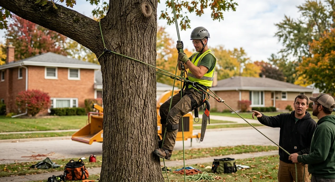 Arborist performing sectional tree removal near a Batavia home with rigging lines