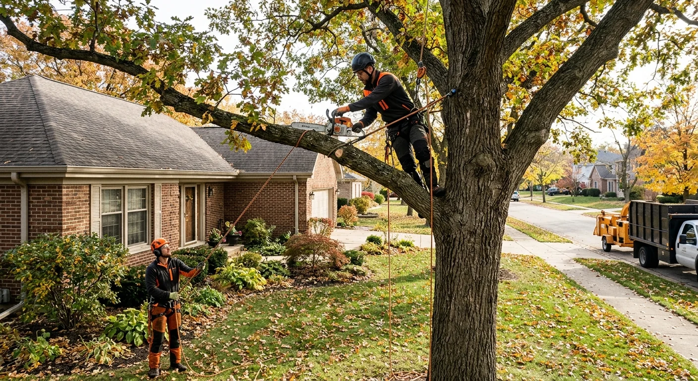 Decaying leaning tree with root heave threatening a Batavia residential property