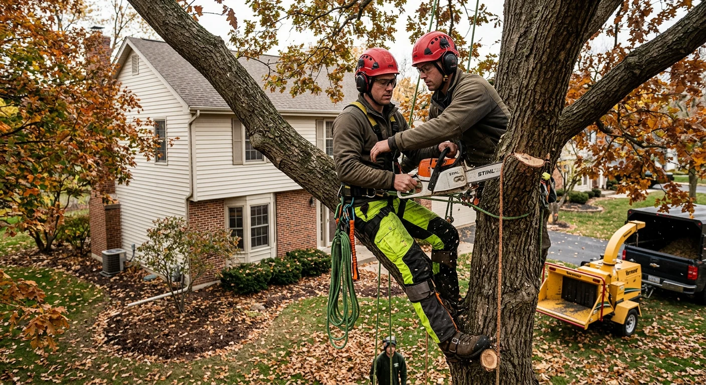 Climber performing controlled sectional tree removal on a residential Batavia lot