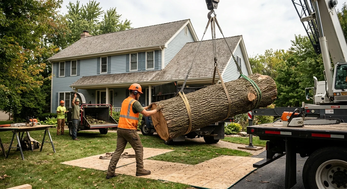 Crane lowering a large oak section near a house during removal
