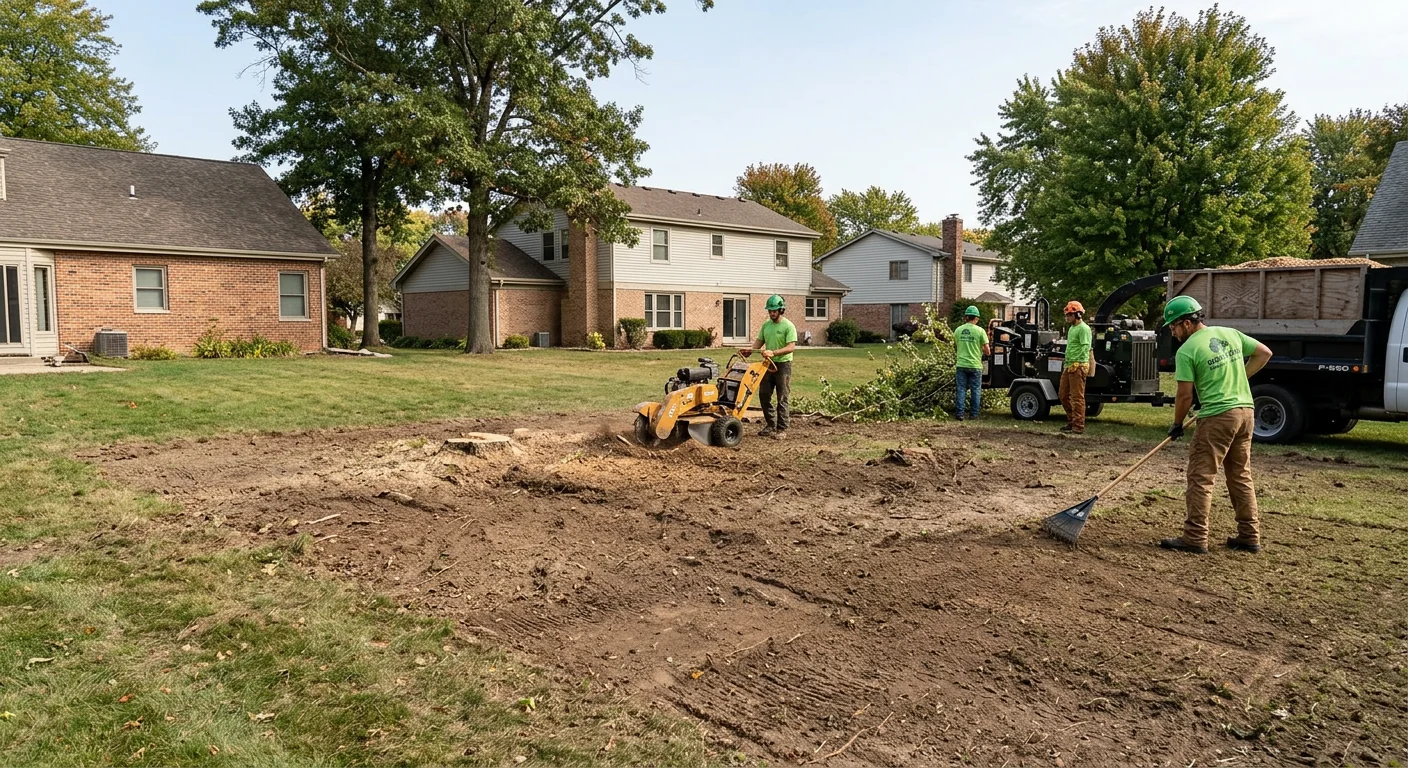 Wide shot of a cleared backyard after complete tree removal and cleanup