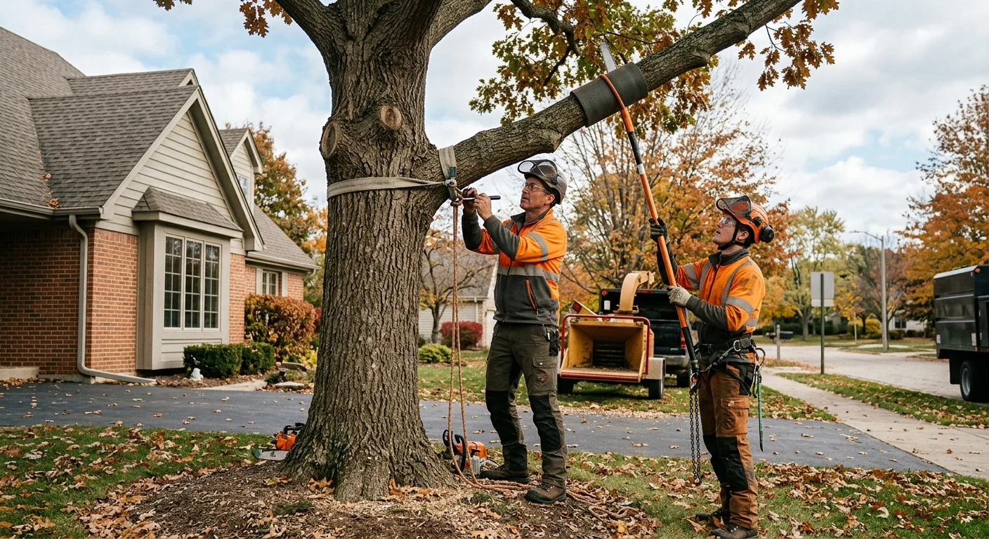 Crew performing sectional tree removal in Batavia backyard