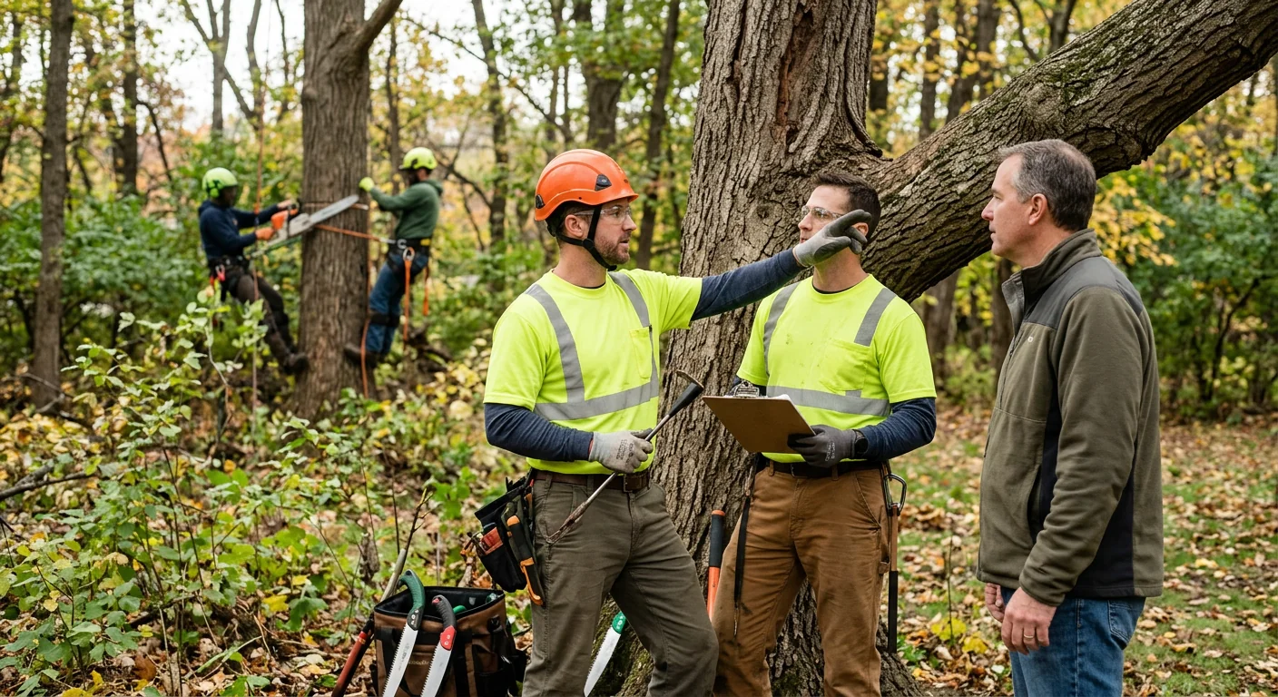 Arborist inspecting a mature tree trunk for decay during a risk assessment in Batavia