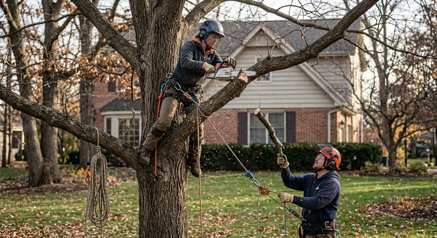 Arborist inspecting a mature tree trunk during a Batavia risk assessment