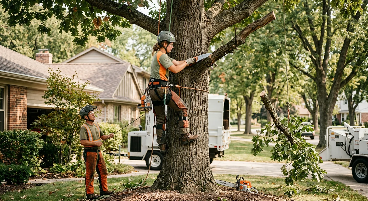 Certified arborist inspecting a mature tree trunk and root flare on a Batavia property