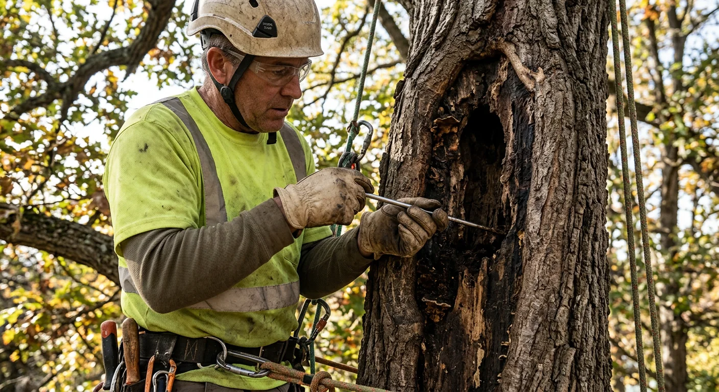 Close-up of arborist probing a hollow trunk cavity during a Batavia tree inspection