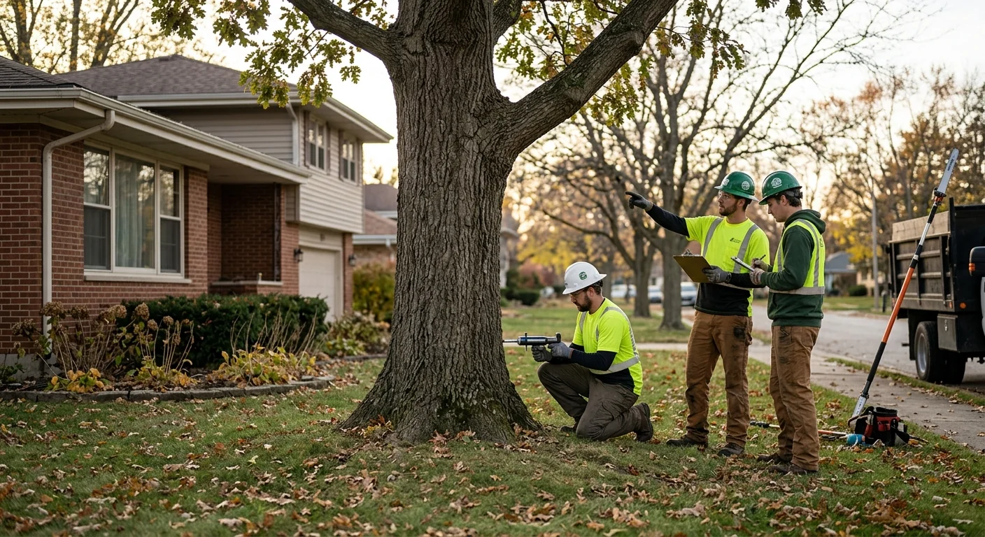 Wide shot of a mature oak being evaluated on a residential Batavia property