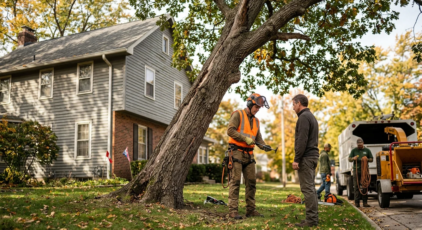 Leaning tree near a home flagged for structural risk review