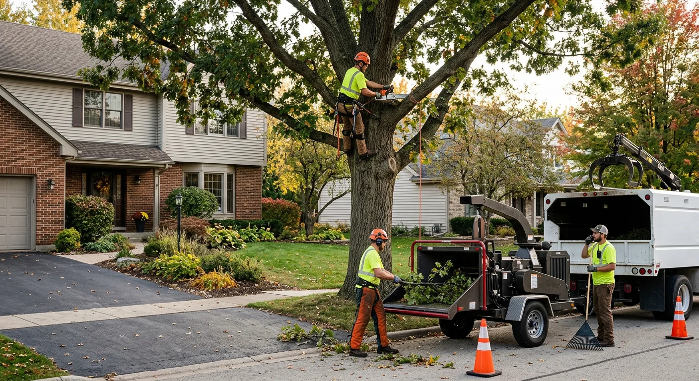 Arborist inspecting mature tree trunk during risk assessment in Batavia