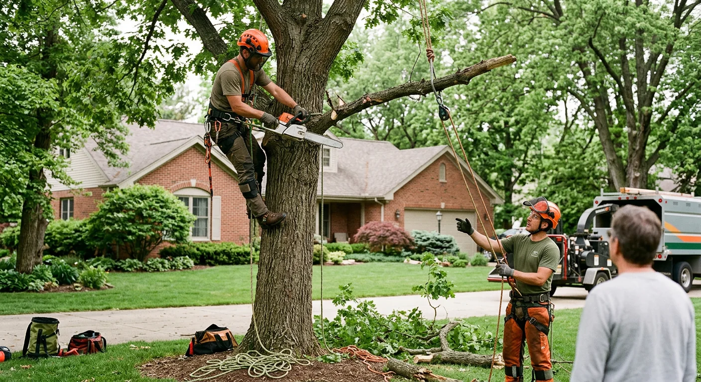 Tree service crew reviewing scheduling and equipment at a Batavia work site