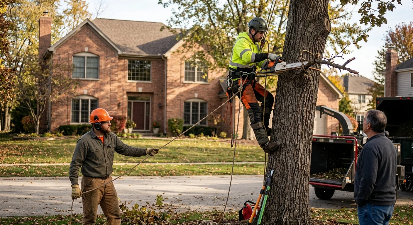 Crew reviewing completed tree work with a Batavia homeowner during a walkthrough