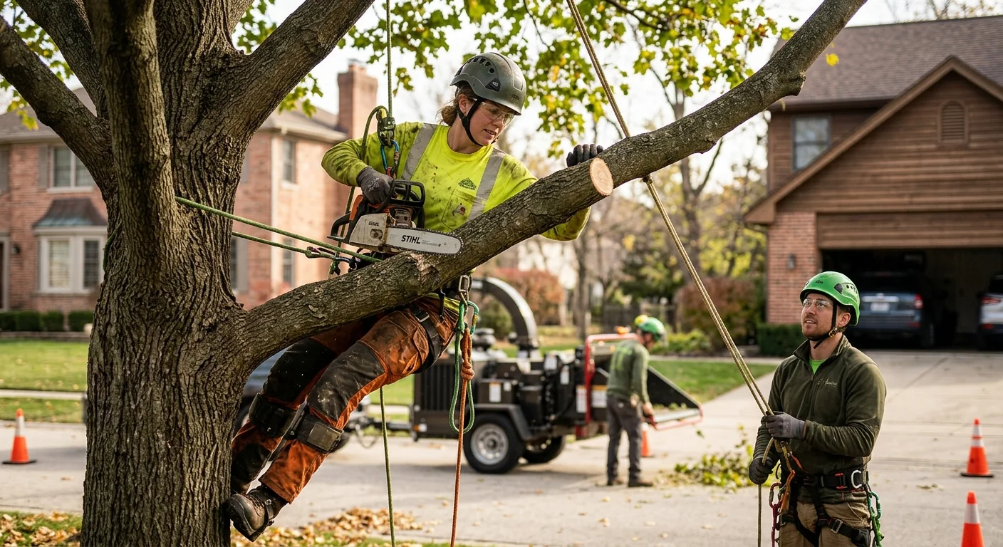 Arborist inspecting a mature tree canopy in a Batavia yard