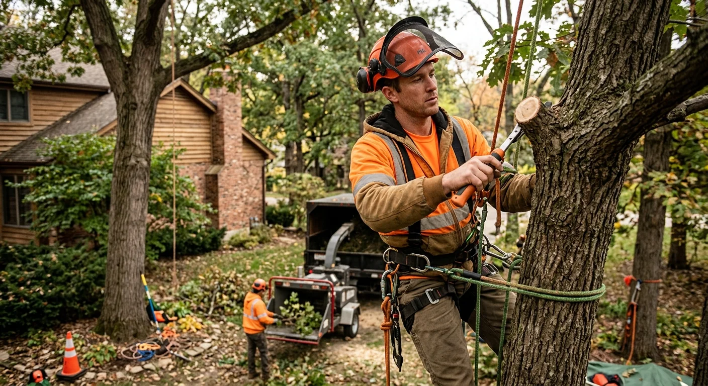 Arborist reviewing a written estimate with a homeowner beside a Batavia tree