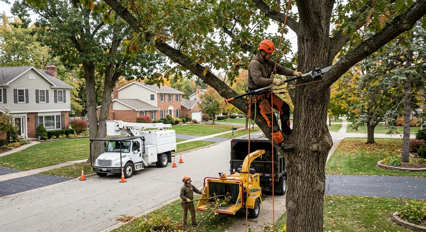 Tree service crew reviewing canopy structure across a Batavia neighborhood lot