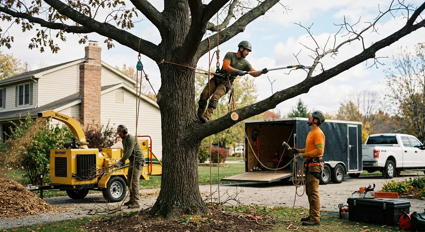Arborist assessing mature trees on a residential property in Batavia