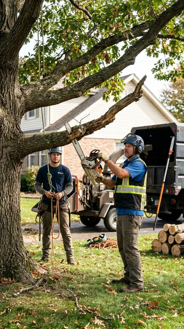 Arborist examining a leaning trunk and lifted root plate near a home foundation