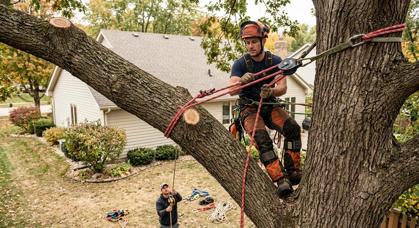 Arborist rigging a large limb during controlled tree removal in a Batavia backyard