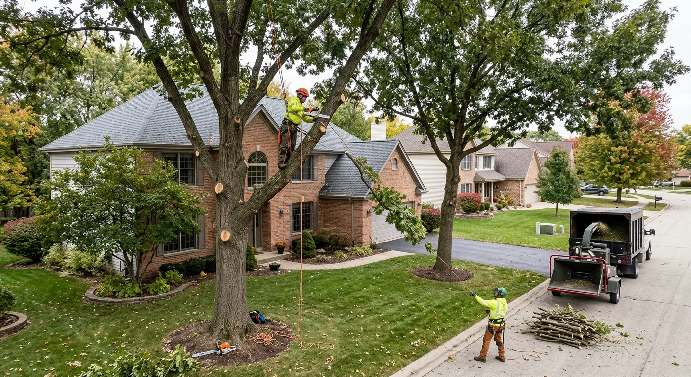 Wide view of freshly pruned residential canopy over a suburban Illinois property