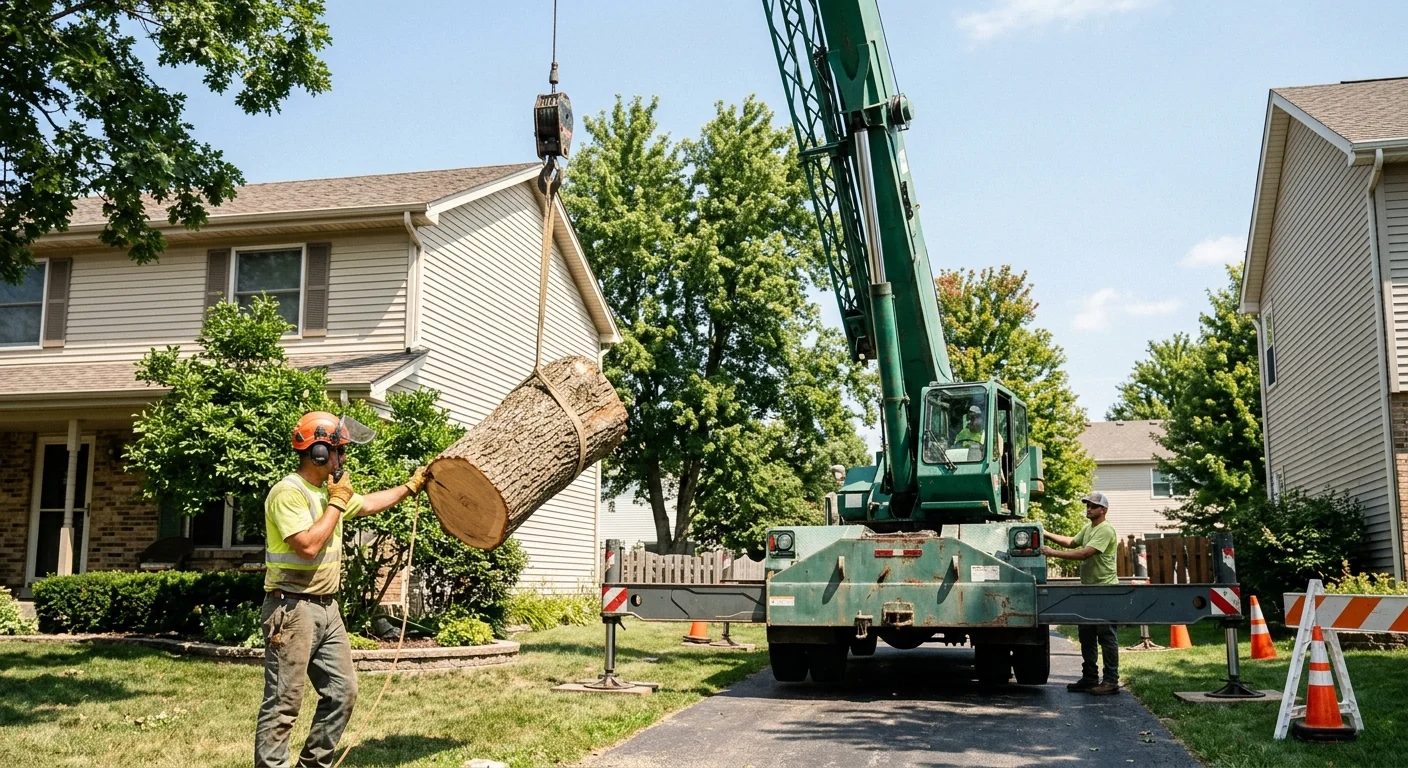 Crane lifting a heavy trunk section from a tight residential lot at midday
