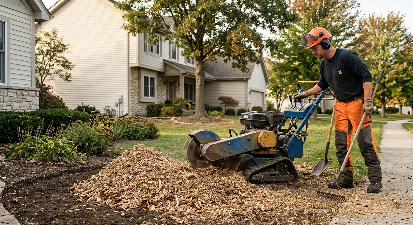 Stump grinder producing clean mulch beside a cleared front yard planting bed