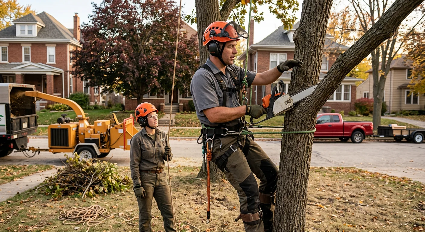 Arborist taking a service call while reviewing a Batavia property tree map