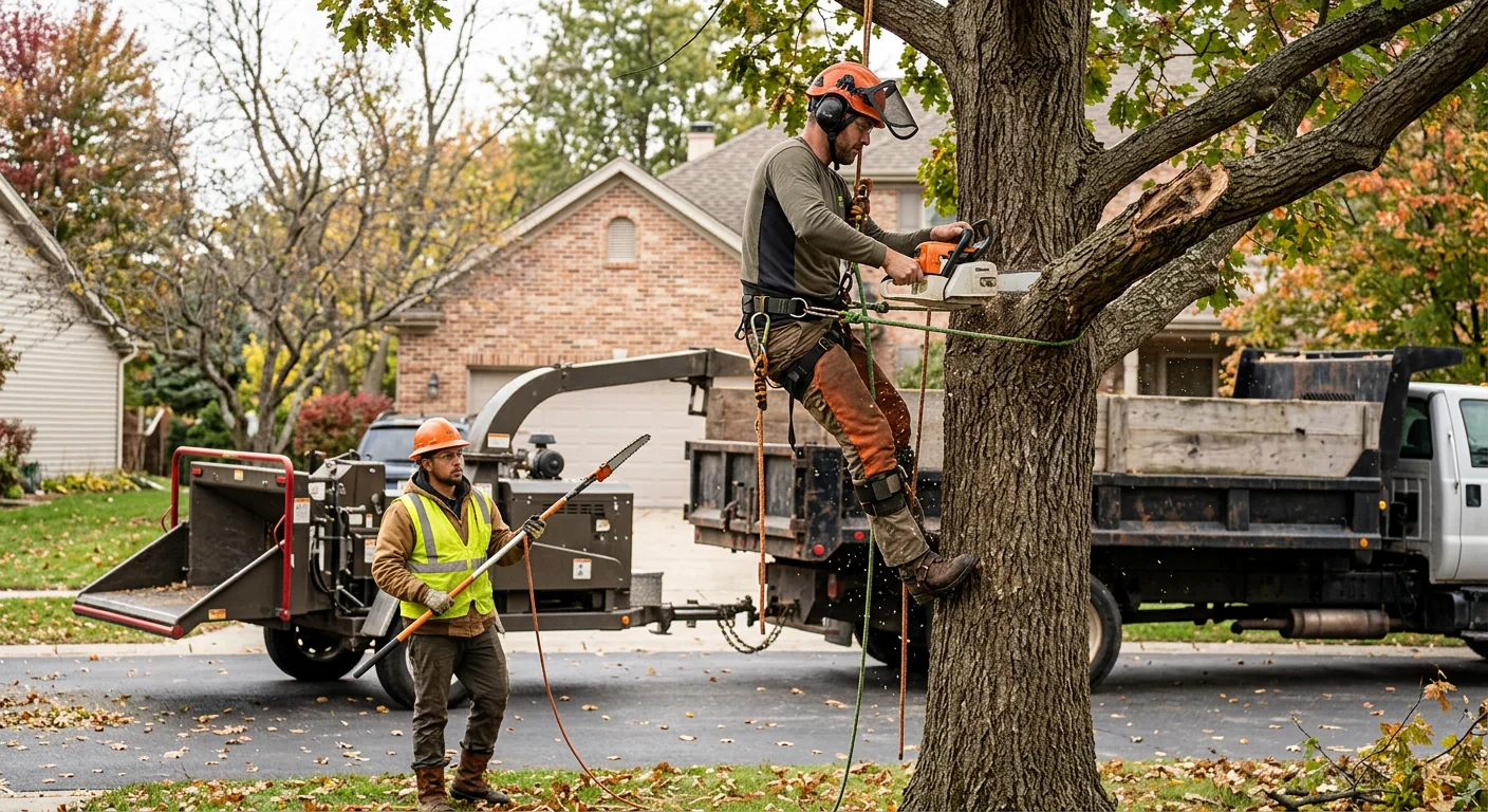 Certified arborist inspecting rigging and climbing gear before a tree removal in Batavia
