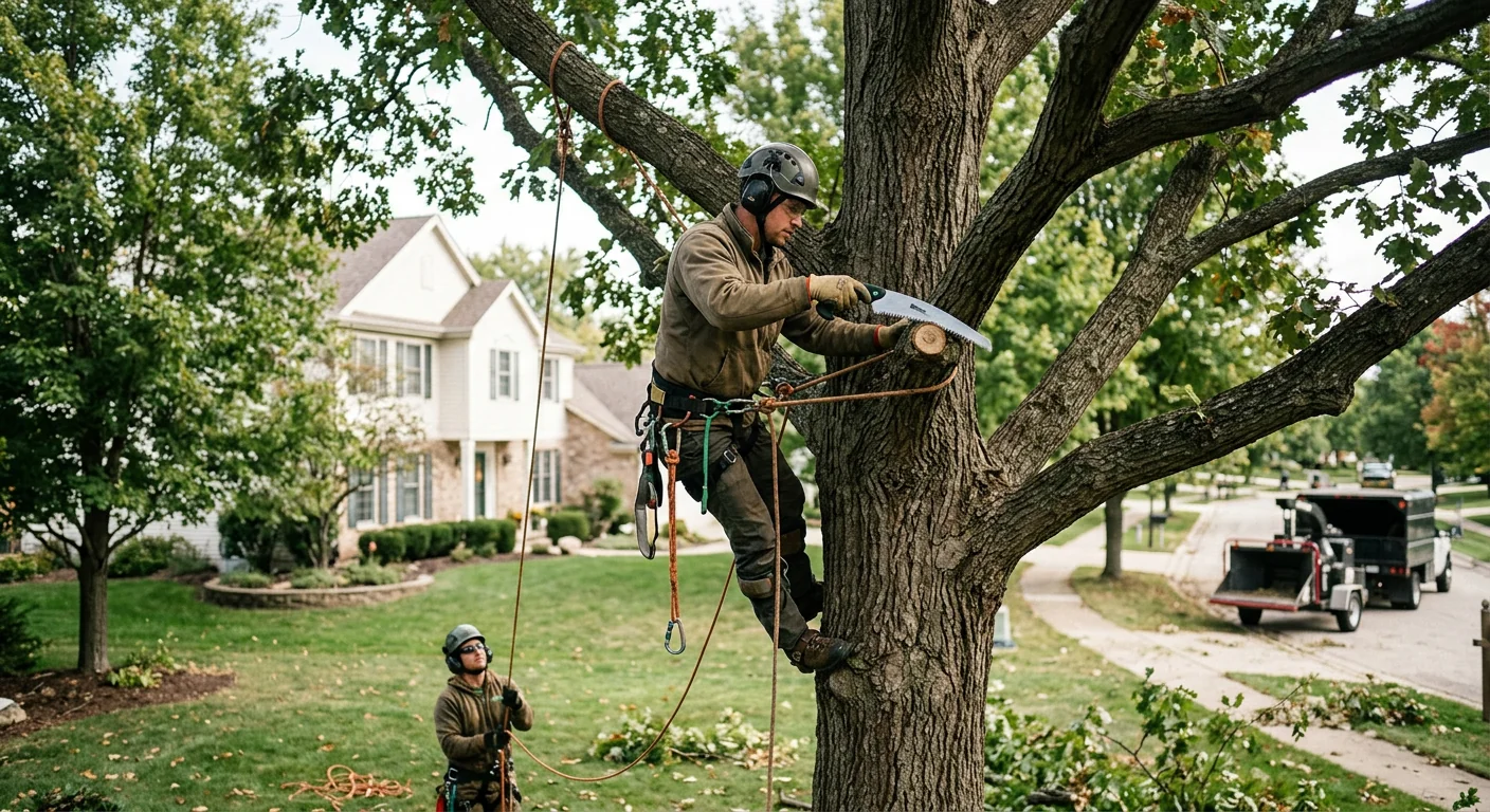 Arborist performing structural pruning on a mature oak in a Batavia yard